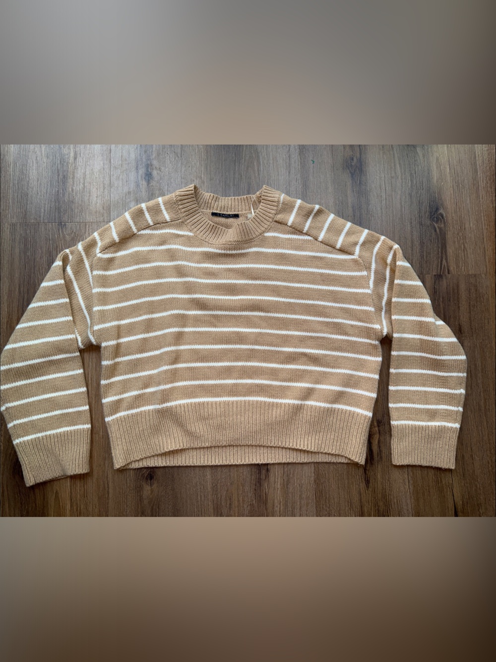 Tahari Camel & White Striped Crewneck Sweater